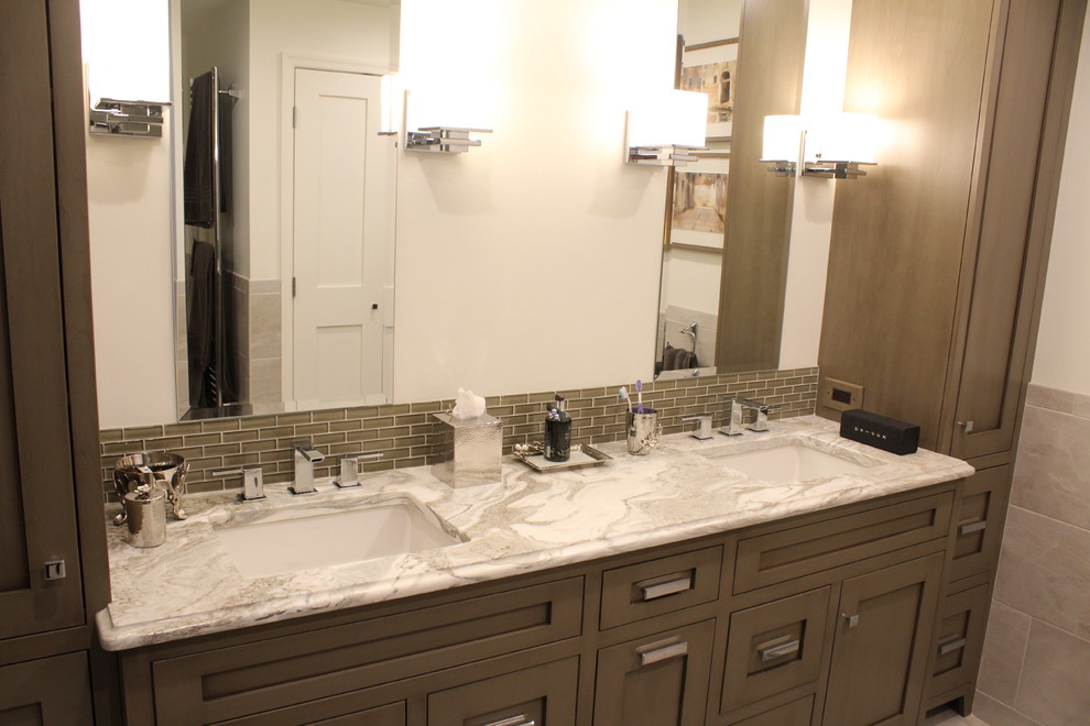Inspiration for a large traditional ensuite bathroom in Philadelphia with shaker cabinets, beige cabinets, beige tiles, ceramic tiles, white walls, ceramic flooring, a submerged sink, quartz worktops and a built-in shower.