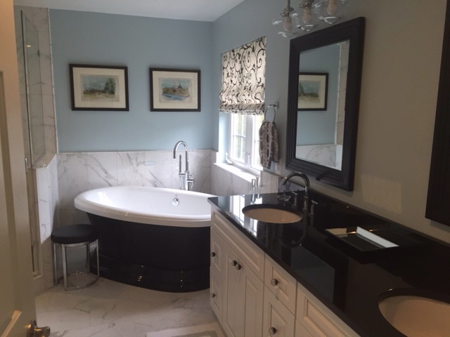 Inspiration for a mid-sized timeless master white tile and porcelain tile freestanding bathtub remodel in DC Metro with shaker cabinets, white cabinets and granite countertops
