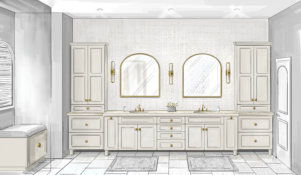 Aménagement d'une grande salle de bain principale classique avec un placard en trompe-l'oeil, des portes de placard beiges, une baignoire indépendante, une douche double, WC séparés, un carrelage beige, des carreaux de céramique, un mur beige, un sol en carrelage de céramique, un lavabo encastré, un plan de toilette en quartz, un sol beige, une cabine de douche à porte battante, un plan de toilette blanc, une niche, meuble double vasque, meuble-lavabo encastré, un plafond voûté et du papier peint.