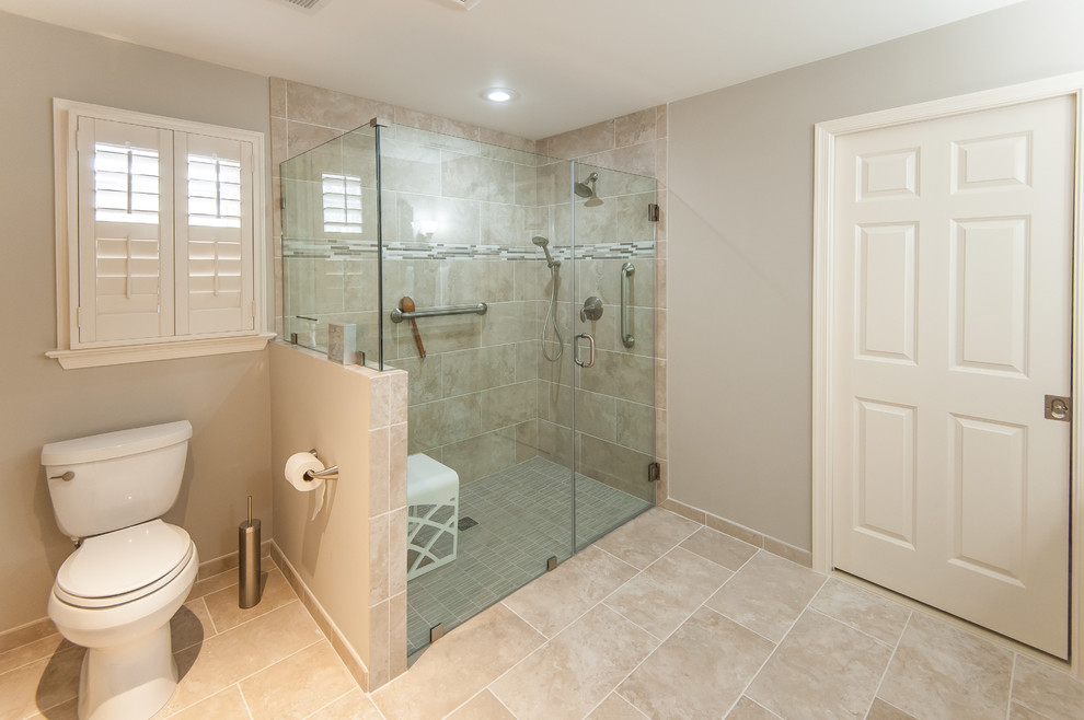 Large classic ensuite bathroom in DC Metro with shaker cabinets, white cabinets, a built-in shower, a two-piece toilet, beige tiles, porcelain tiles, beige walls, porcelain flooring, a submerged sink and engineered stone worktops.