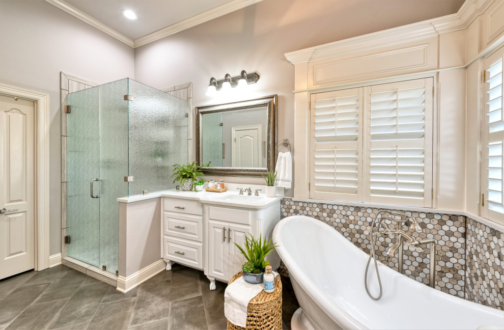 Mid-sized transitional master beige tile and porcelain tile porcelain tile and gray floor bathroom photo in Other with raised-panel cabinets, white cabinets, a one-piece toilet, beige walls, an undermount sink, quartzite countertops, a hinged shower door and white countertops