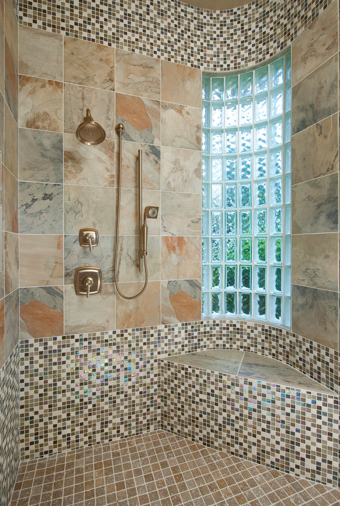 Design ideas for a contemporary bathroom in Dallas with mosaic tiles and beige tiles.
