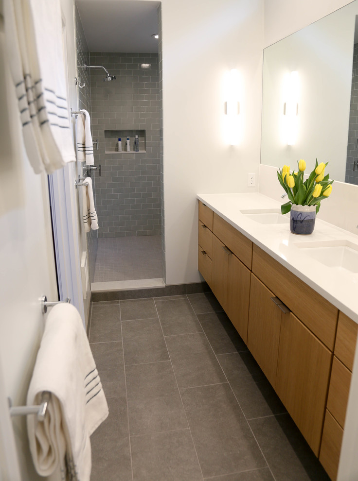 Transitional Master Bathroom with Floating Oak Vanities Transitional