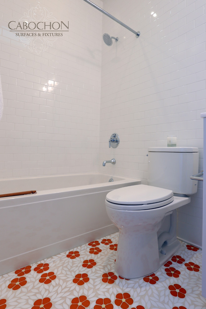 Medium sized traditional family bathroom in San Diego with a submerged sink, shaker cabinets, white cabinets, marble worktops, a built-in bath, an alcove shower, a two-piece toilet, white tiles, ceramic tiles, white walls and mosaic tile flooring.