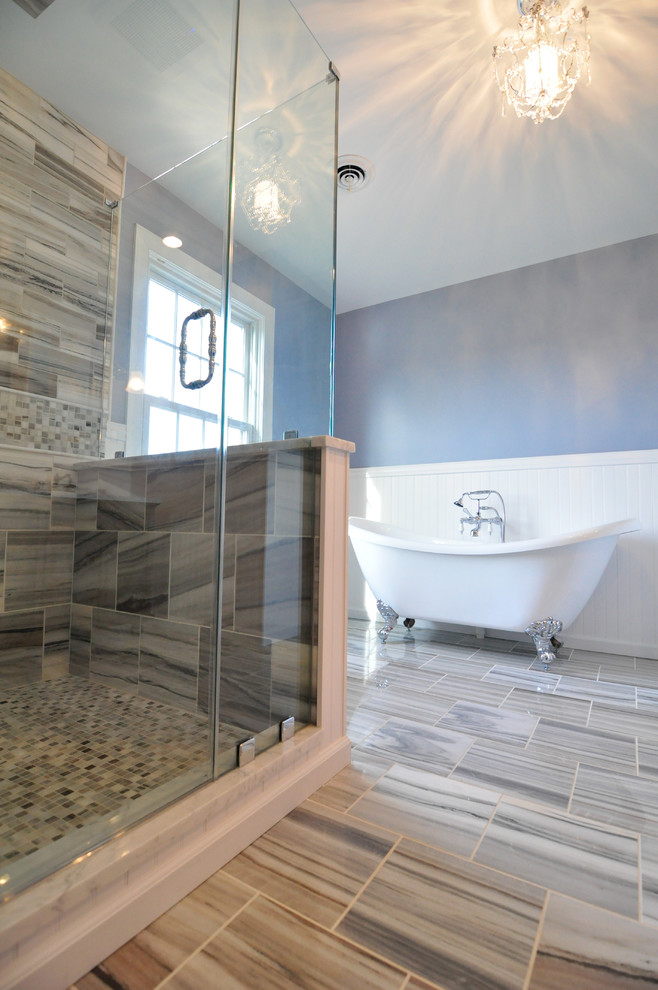 Design ideas for a large classic ensuite bathroom in Philadelphia with a submerged sink, freestanding cabinets, grey cabinets, marble worktops, a claw-foot bath, a corner shower, a two-piece toilet, multi-coloured tiles, stone slabs, marble flooring and blue walls.