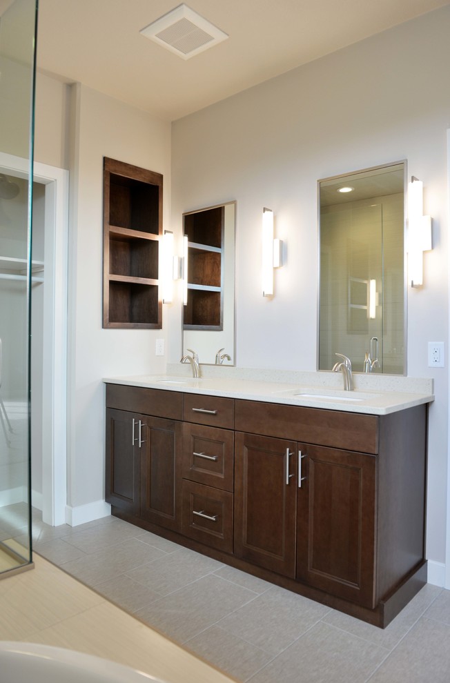 Example of a mid-sized transitional kids' ceramic tile bathroom design in Other with an undermount sink, flat-panel cabinets, dark wood cabinets, quartz countertops and beige walls