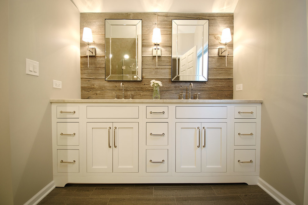 Double shower - mid-sized transitional master brown tile and porcelain tile porcelain tile double shower idea in Chicago with furniture-like cabinets, white cabinets, a one-piece toilet, beige walls, an undermount sink and quartzite countertops