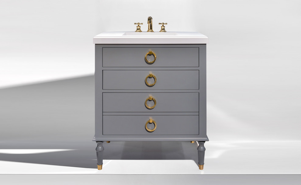 Esempio di una piccola stanza da bagno classica con ante grigie, top in superficie solida, top bianco, un lavabo e mobile bagno freestanding