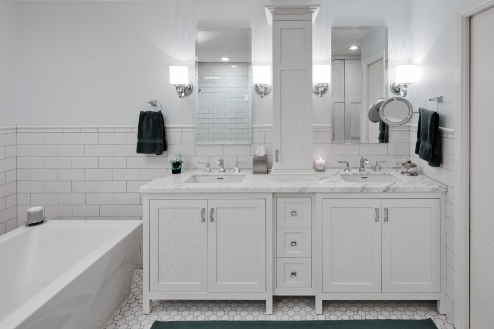 Example of a mid-sized transitional double-sink bathroom design in Atlanta with marble countertops, white countertops and a freestanding vanity