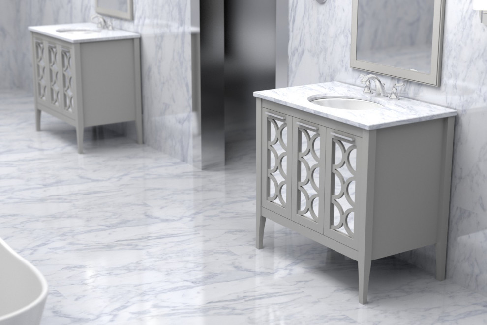 Ispirazione per una stanza da bagno chic di medie dimensioni con top in marmo, top bianco, un lavabo e mobile bagno freestanding