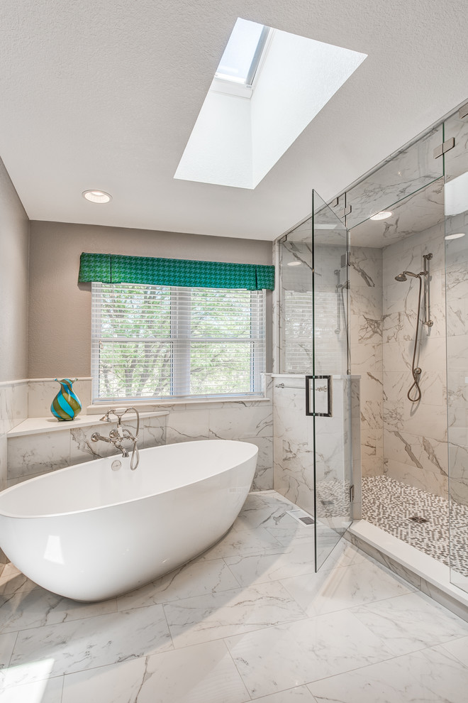 Bathroom - large transitional master white tile and porcelain tile porcelain tile bathroom idea in Denver with flat-panel cabinets, gray cabinets, a one-piece toilet, beige walls, an undermount sink and quartz countertops