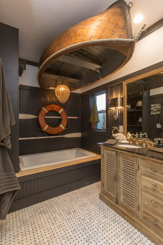 Bathroom - large coastal master white tile and marble tile marble floor and multicolored floor bathroom idea in Tampa with furniture-like cabinets, light wood cabinets, a two-piece toilet, an undermount sink, marble countertops, a hinged shower door and multicolored walls