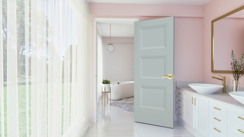 Idéer för stora funkis en-suite badrum, med släta luckor, ett fristående badkar, rosa väggar och vitt golv