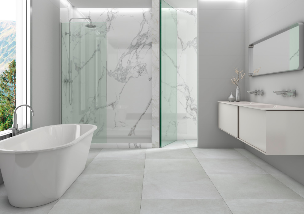 Idee per una grande stanza da bagno padronale contemporanea con piastrelle in gres porcellanato, pavimento in gres porcellanato, top in superficie solida, due lavabi e mobile bagno sospeso