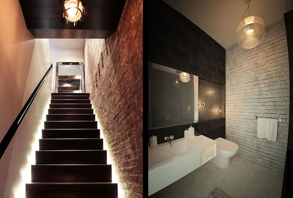 Kleines Modernes Badezimmer mit schwarzen Fliesen, grauen Fliesen, weißen Fliesen und schwarzer Wandfarbe in New York