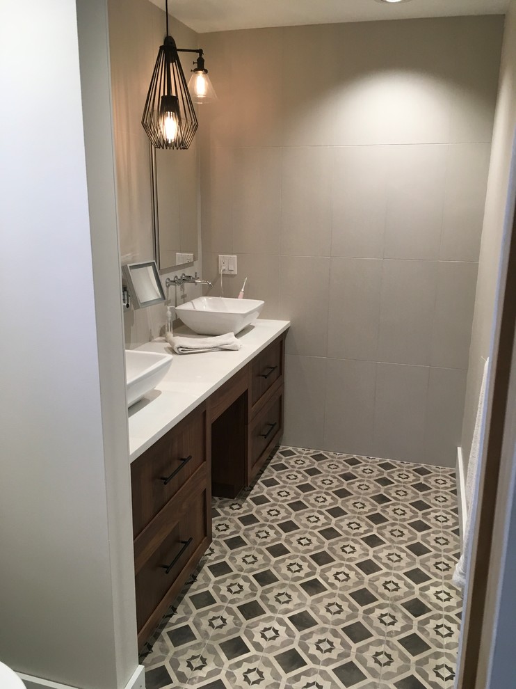 Inspiration for a large 1950s master white tile and porcelain tile terra-cotta tile and multicolored floor bathroom remodel in Other with shaker cabinets, dark wood cabinets, a two-piece toilet, white walls and a vessel sink