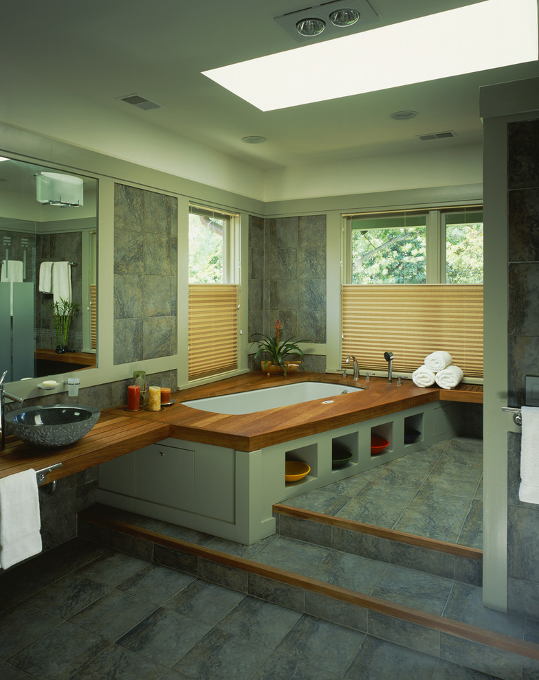 Inspiration for a craftsman bathroom remodel in DC Metro with a vessel sink and wood countertops