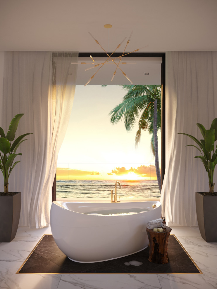 Idéer för ett mellanstort exotiskt en-suite badrum, med öppna hyllor, vita skåp, ett fristående badkar, stenkakel, marmorgolv och vitt golv