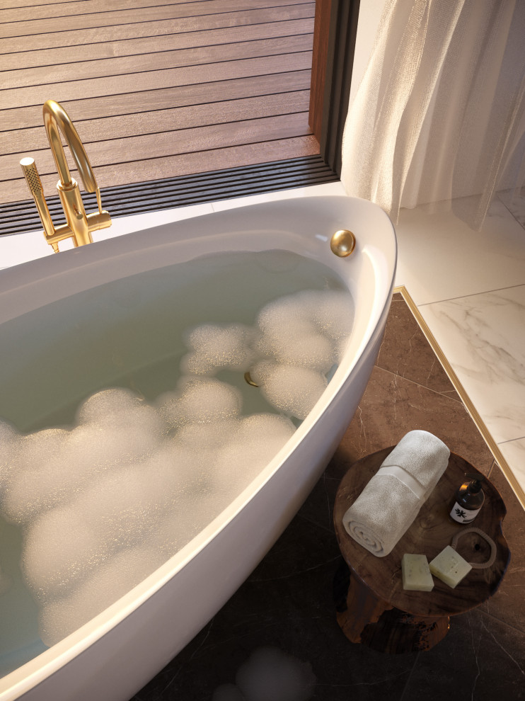На фото: главная ванная комната среднего размера в морском стиле с открытыми фасадами, белыми фасадами, отдельно стоящей ванной, каменной плиткой, мраморным полом и белым полом