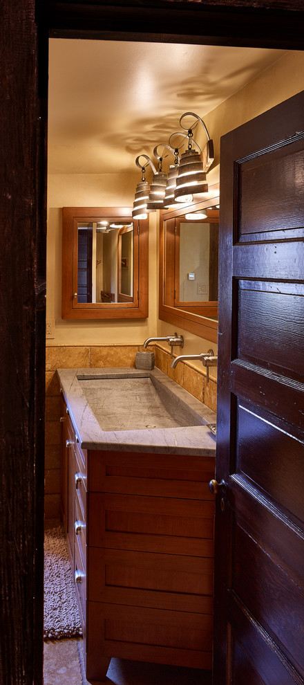 Bathroom - mid-sized rustic master ceramic tile bathroom idea in Philadelphia with a trough sink