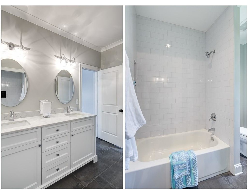 Idéer för ett mellanstort klassiskt badrum, med skåp i shakerstil, vita skåp, ett badkar i en alkov, en dusch/badkar-kombination, vit kakel, tunnelbanekakel, grå väggar, ett undermonterad handfat och marmorbänkskiva