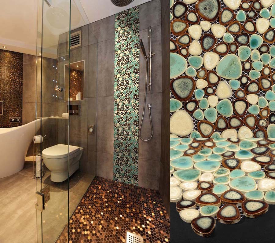 Exempel på ett mellanstort rustikt badrum med dusch, med släta luckor, gröna skåp, grön kakel, porslinskakel, gröna väggar, klinkergolv i porslin och kaklad bänkskiva