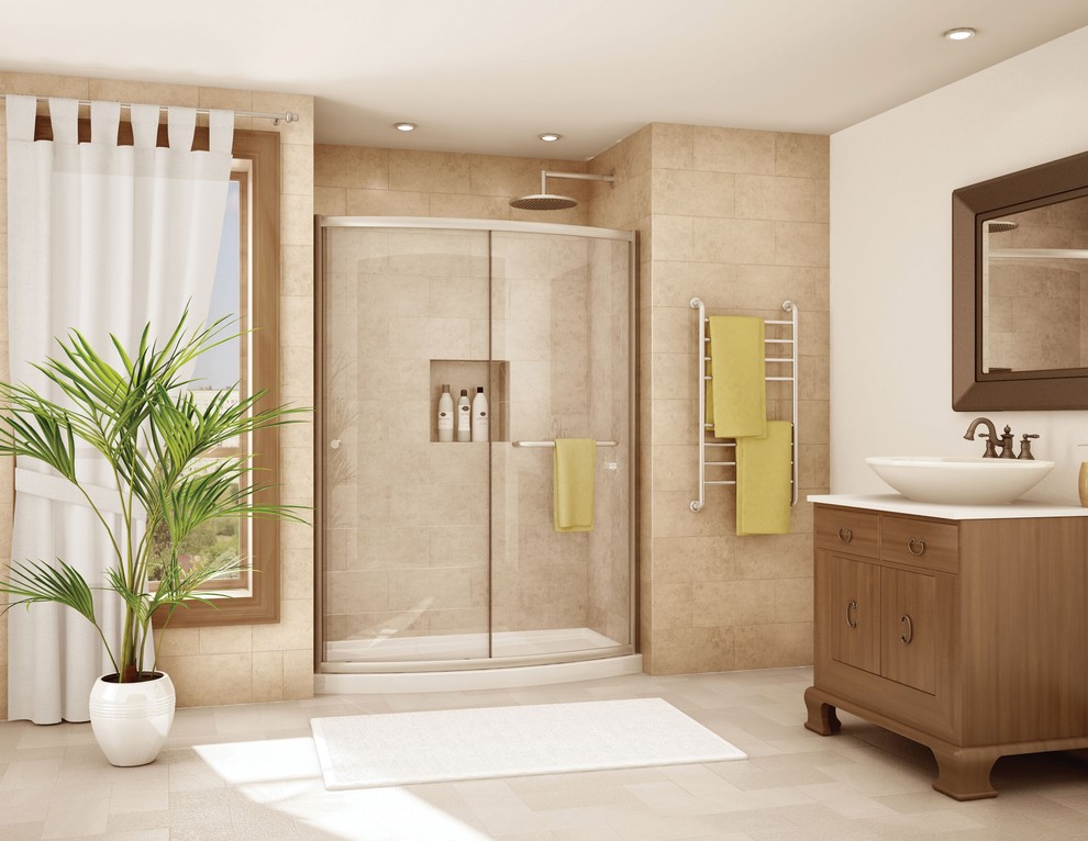 Inspiration for a mid-sized contemporary master ceramic tile tub/shower combo remodel in Cleveland