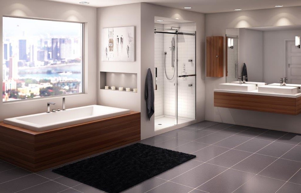 Cette image montre une grande salle de bain principale bohème en bois brun avec un placard à porte plane, une baignoire posée, une douche d'angle, un mur gris, un sol en carrelage de céramique, une vasque et un plan de toilette en quartz.
