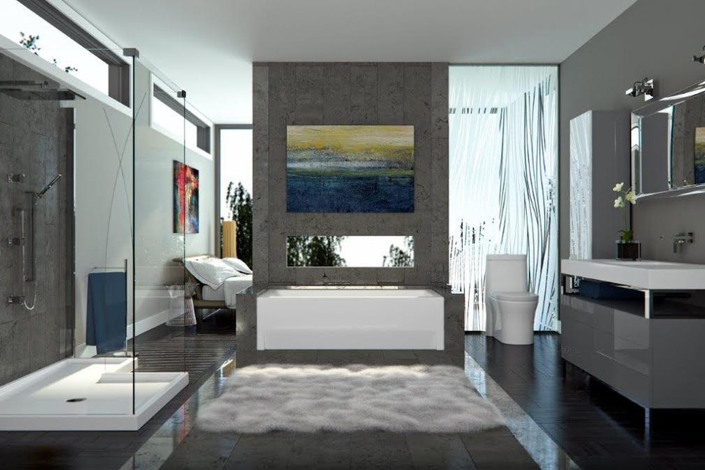 Exempel på ett stort eklektiskt en-suite badrum, med släta luckor, grå skåp, ett platsbyggt badkar, en dusch i en alkov, en toalettstol med separat cisternkåpa, grå väggar, mörkt trägolv, ett integrerad handfat och bänkskiva i akrylsten