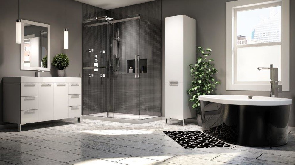 Cette photo montre une salle de bain principale éclectique de taille moyenne avec un placard à porte plane, des portes de placard blanches, une baignoire indépendante, une douche d'angle, un mur gris, un sol en carrelage de porcelaine et un plan de toilette en quartz.