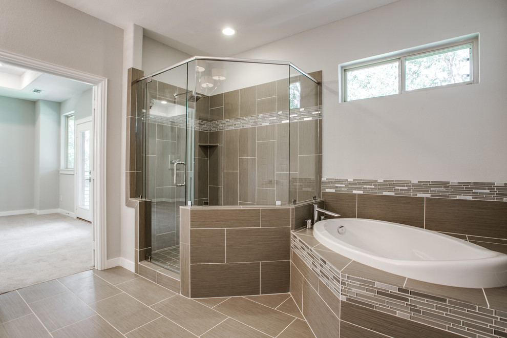 Example of a large minimalist master gray tile ceramic tile bathroom design in Dallas with shaker cabinets, quartz countertops and gray walls