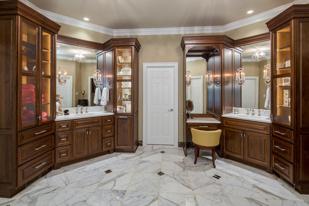 Design ideas for a large classic ensuite bathroom in Atlanta with raised-panel cabinets, dark wood cabinets, beige walls, marble flooring, a submerged sink, marble worktops, a submerged bath and a corner shower.
