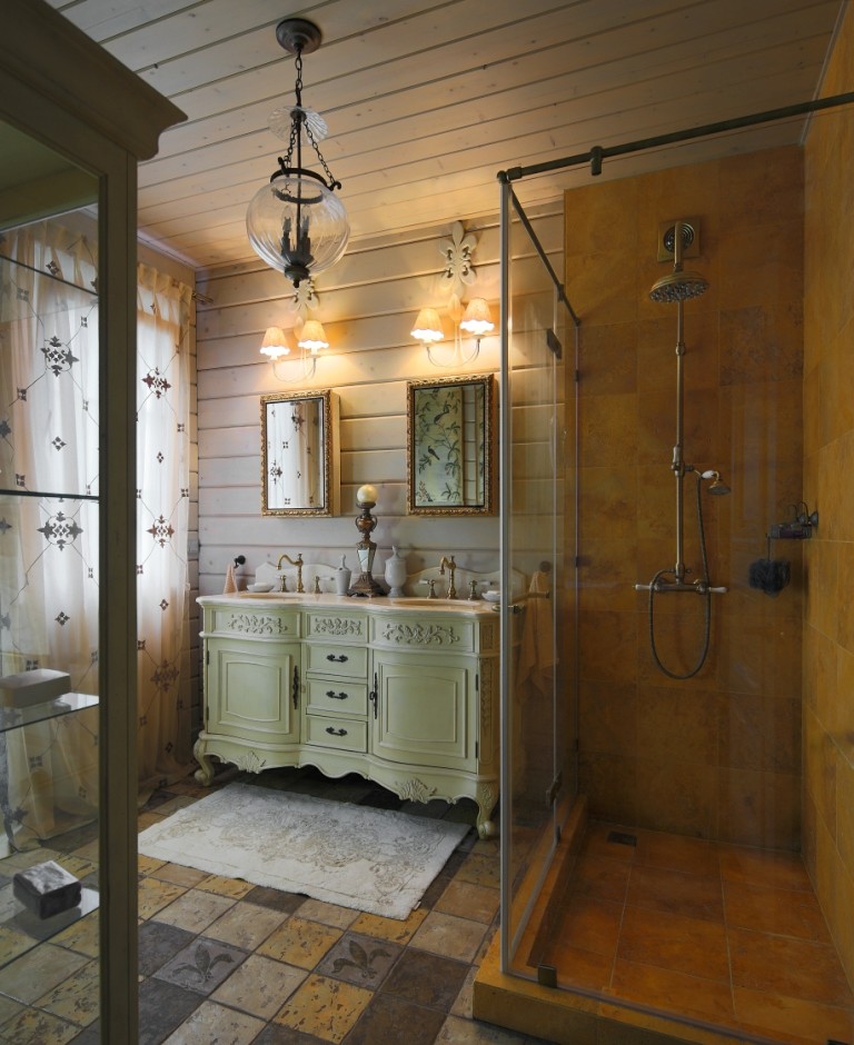 Inspiration for a medium sized classic ensuite bathroom in Other with a pedestal sink, marble worktops, a corner shower, a two-piece toilet, orange tiles, ceramic tiles, white walls, terracotta flooring, brown cabinets and freestanding cabinets.