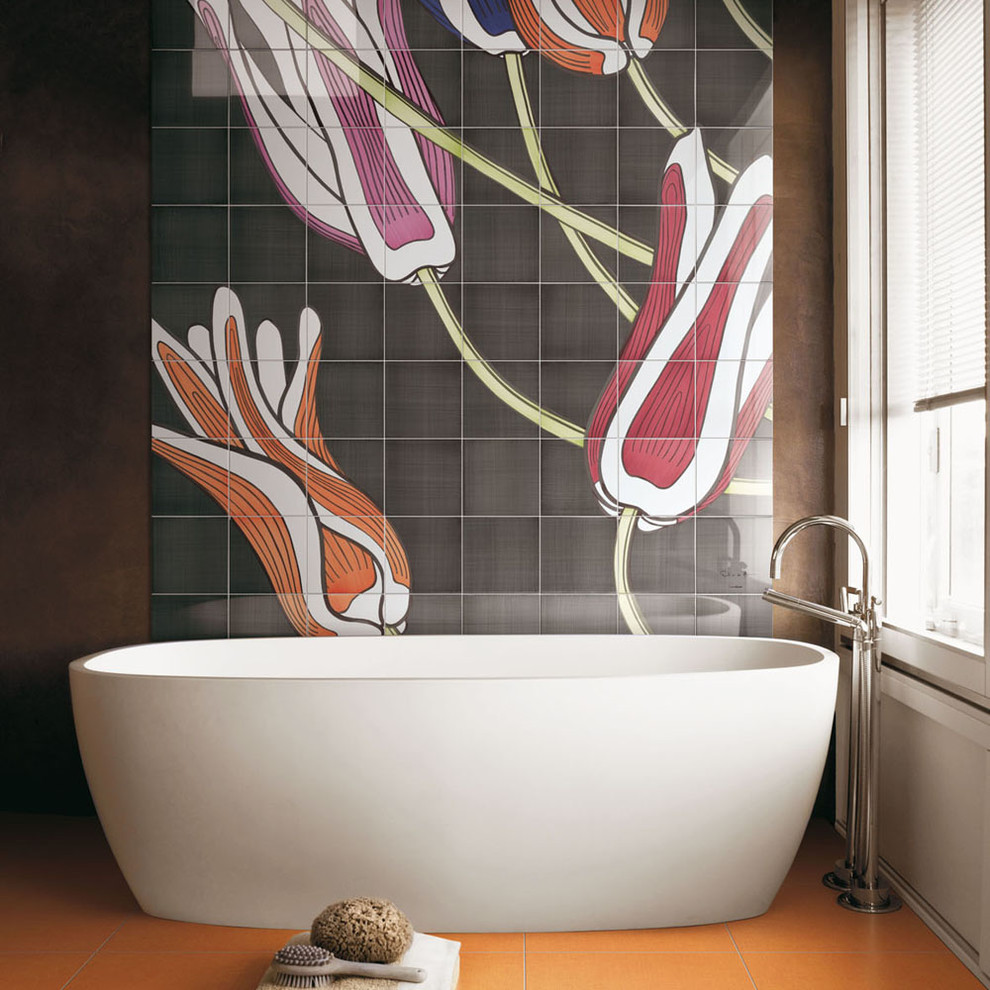 Inspiration for a modern orange floor freestanding bathtub remodel in Other