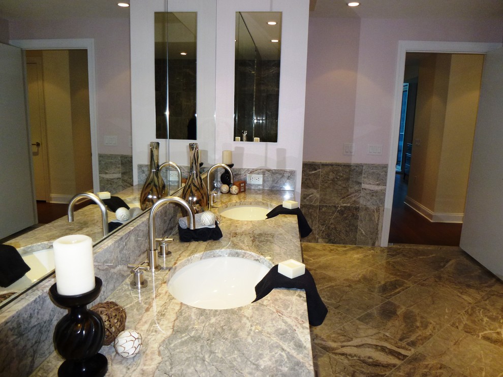 Large contemporary ensuite bathroom in DC Metro with flat-panel cabinets, white cabinets, marble worktops, a built-in bath, grey tiles, ceramic tiles, white walls, marble flooring and a submerged sink.