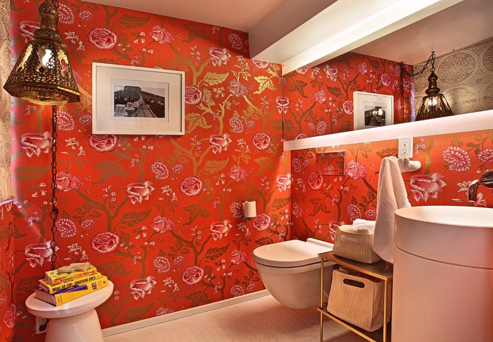 Foto di una stanza da bagno contemporanea con lavabo a colonna
