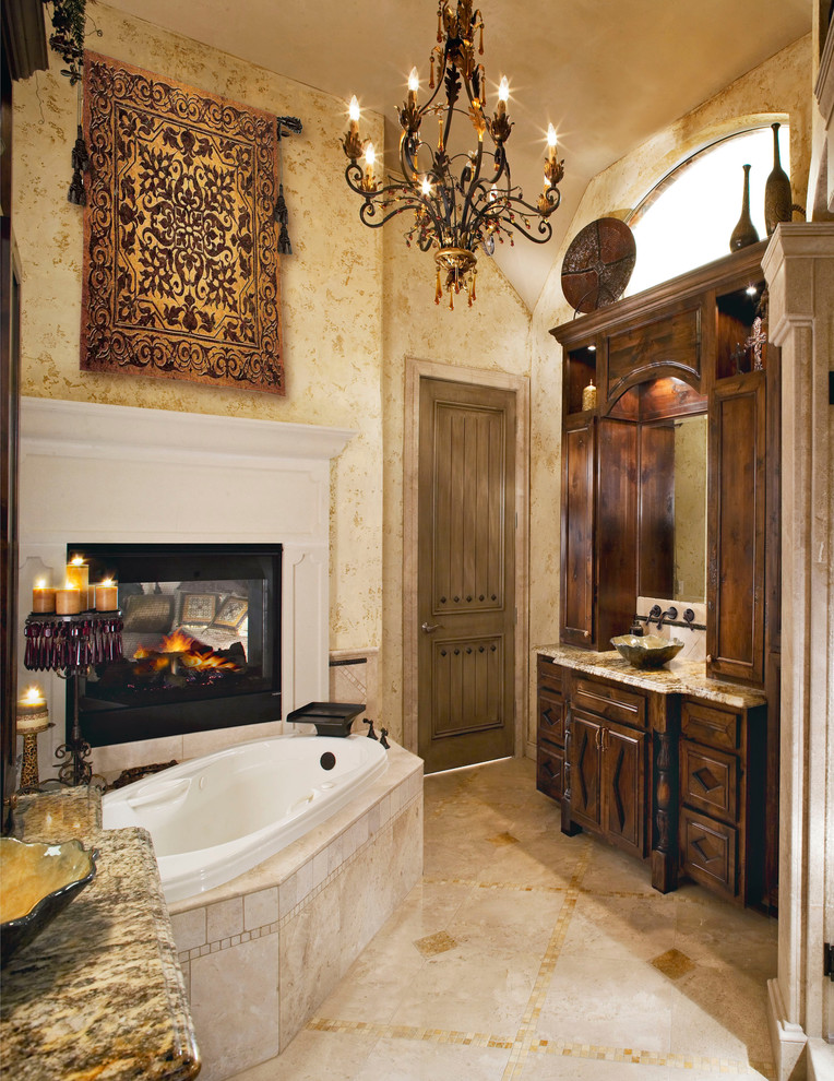 Inspiration for a traditional bathroom in Dallas with a vessel sink and a chimney breast.