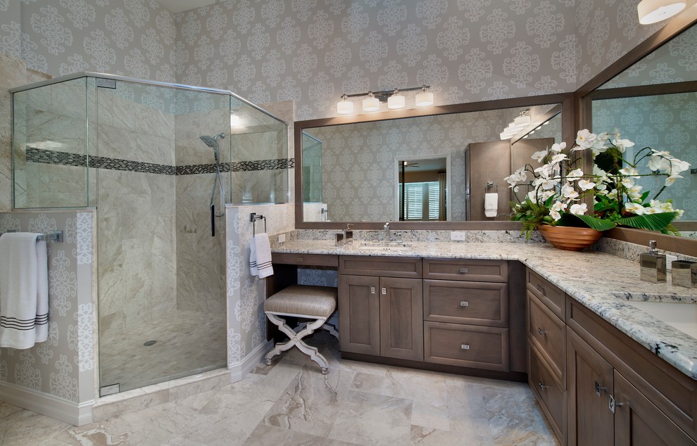 Mid-sized transitional master gray tile and stone tile marble floor walk-in shower photo in Miami with an undermount sink, recessed-panel cabinets, gray cabinets, granite countertops and gray walls
