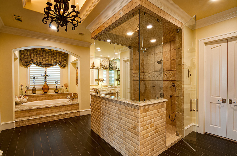 Example of a classic master beige tile ceramic tile bathroom design in Dallas with an undermount sink, shaker cabinets, white cabinets, marble countertops, a one-piece toilet and beige walls
