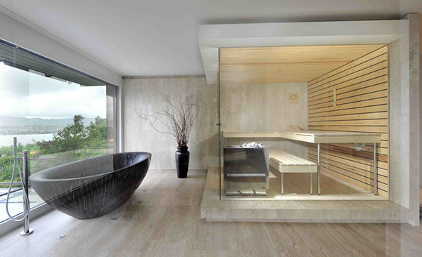 Ispirazione per una grande sauna contemporanea con vasca freestanding, piastrelle beige, piastrelle in gres porcellanato, pareti bianche, pavimento in gres porcellanato e pavimento beige