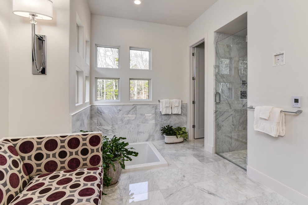 Bathroom - small rustic master white tile and marble tile marble floor and white floor bathroom idea in Los Angeles with recessed-panel cabinets, white cabinets, a one-piece toilet, white walls, a drop-in sink, marble countertops and a hinged shower door