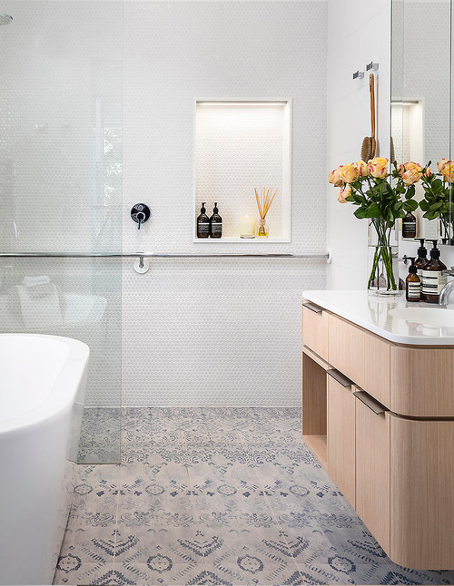 Nature's Warmth: Modern Bathroom with Light Wood Floating Vanity