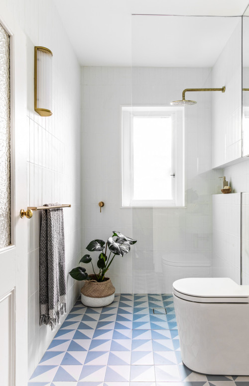 Serene Blue Accents: Scandinavian Floor Tiles Take Center Stage for Scandinavian Bathroom Ideas