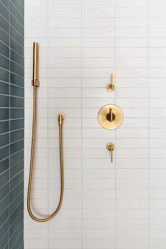 Two Tone Shower Tile Midcentury Bathroom Los Angeles by 3Angle