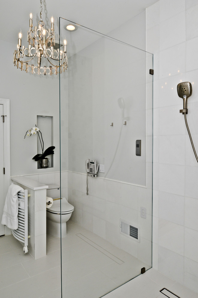 Inspiration for a medium sized modern ensuite wet room bathroom in DC Metro with flat-panel cabinets, white cabinets, a freestanding bath, black and white tiles, beige walls, an integrated sink, engineered stone worktops, white floors, an open shower and white worktops.