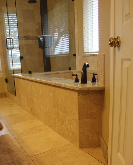 Undermount Marble Tub with Bianco Romano Granite and Frameless Shower