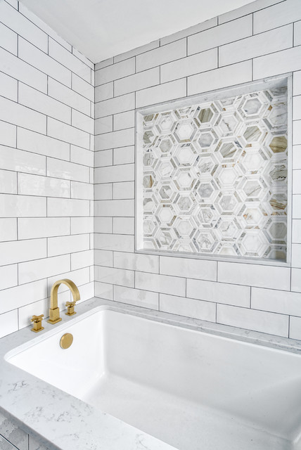 Brass Filler And Mosaic Tile Feature, Undermount Soaking Bathtub