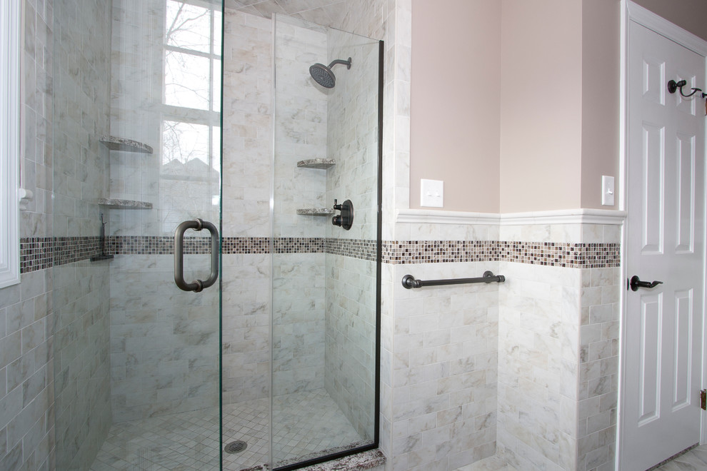Medium sized classic shower room bathroom in Newark with recessed-panel cabinets, black cabinets, a corner shower, a one-piece toilet, beige tiles, brown tiles, grey tiles, porcelain tiles, multi-coloured walls, porcelain flooring, a submerged sink and granite worktops.