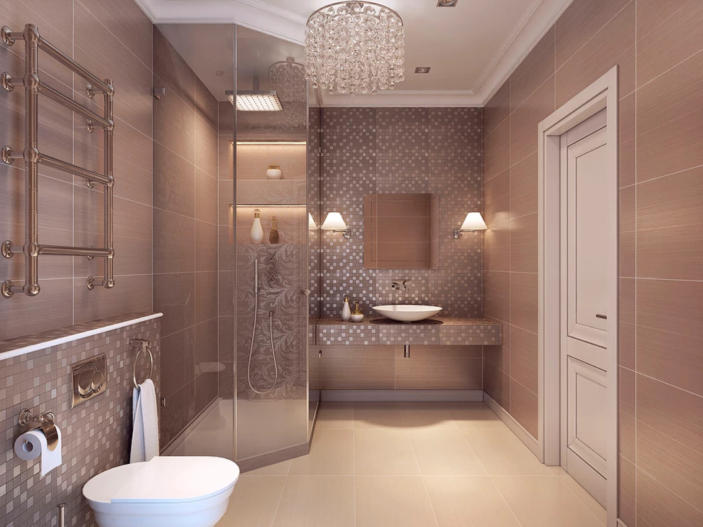 Idéer för stora shabby chic-inspirerade badrum med dusch, med rosa väggar, ett fristående handfat, beiget golv, dusch med gångjärnsdörr, en hörndusch, en toalettstol med hel cisternkåpa, klinkergolv i porslin och kaklad bänkskiva