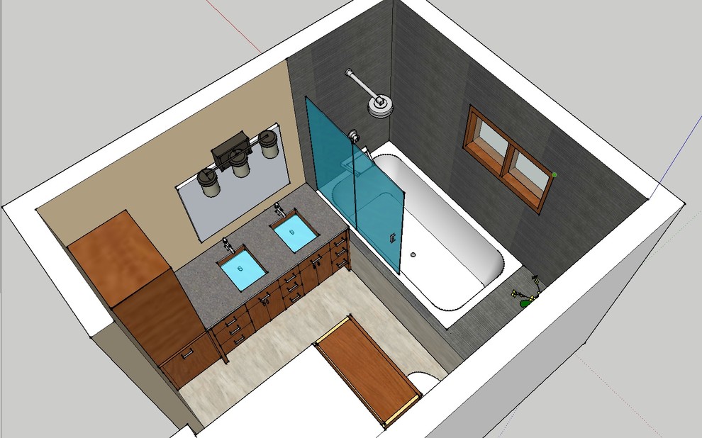 Пример оригинального дизайна: главная ванная комната среднего размера в стиле модернизм с плоскими фасадами, фасадами цвета дерева среднего тона, полновстраиваемой ванной, душем над ванной, керамогранитной плиткой, полом из керамогранита, врезной раковиной, столешницей из кварцита, душем с распашными дверями и зеленой столешницей